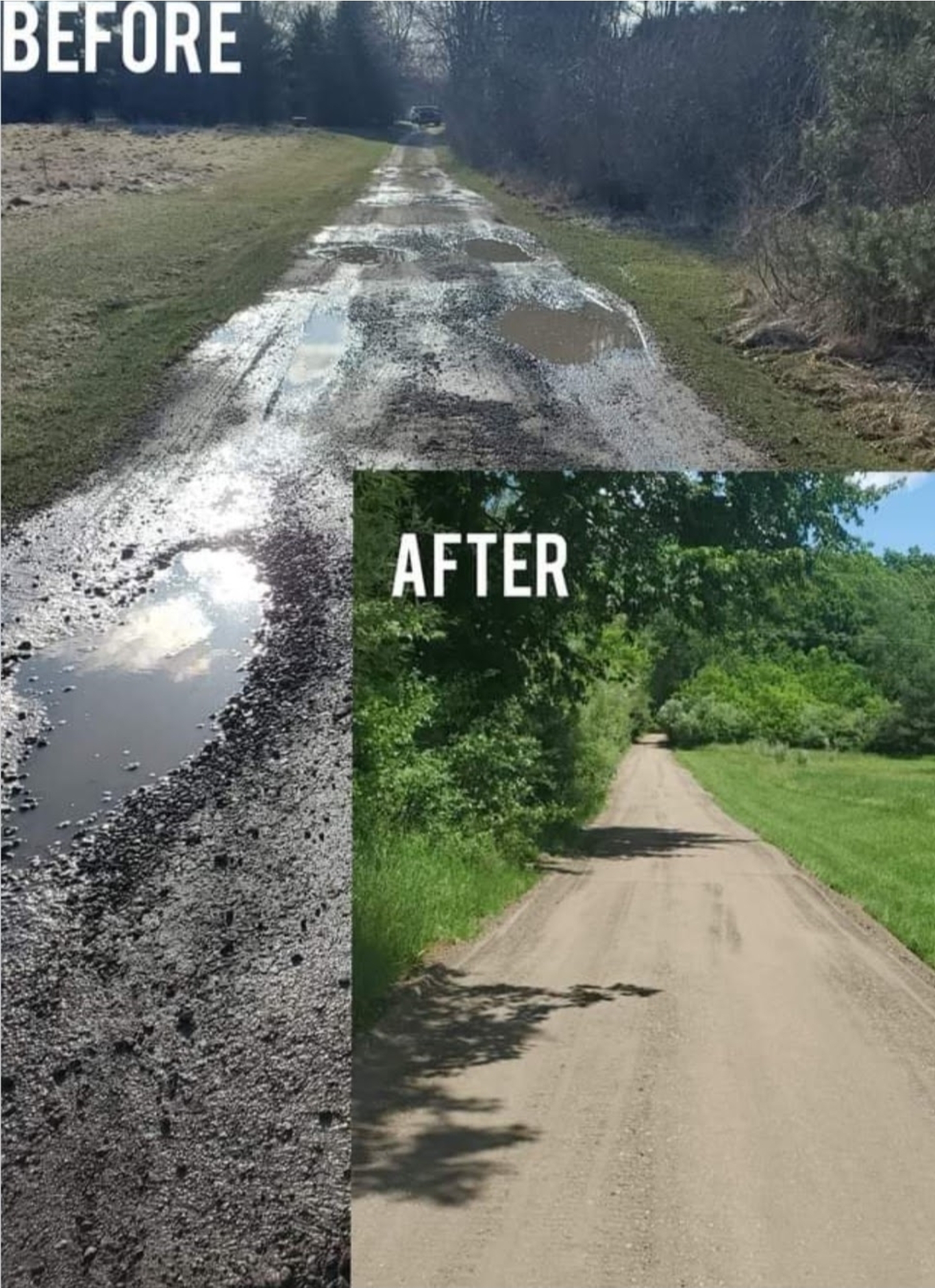 Muddy pothole-filled driveway before and smooth compacted gravel driveway after
